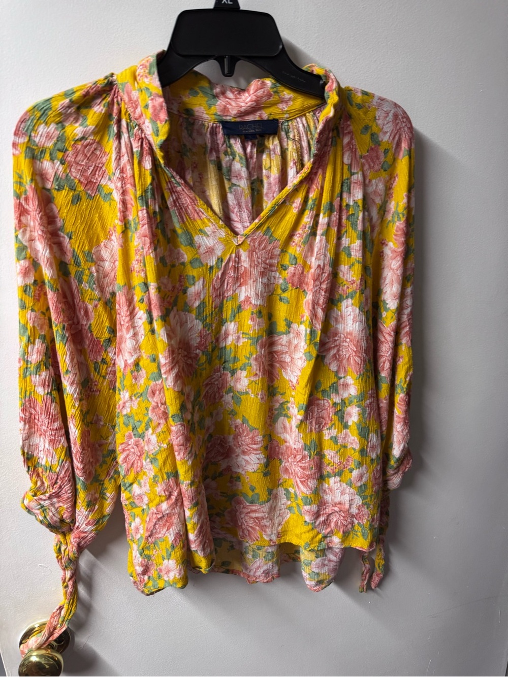RACHEL Rachel Roy Yellow Floral Tie-Neck Blouse